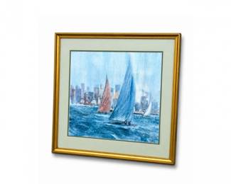 85 VintageFramedSailboatHarborWatercolorPainting