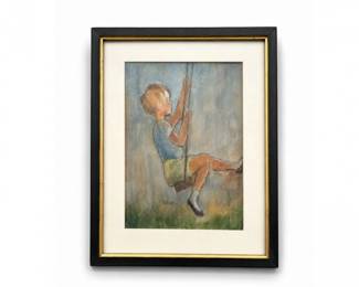 84 MargaretFordSignedWatercolorBoyonSwing