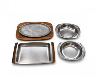 100 VintageStainlessSteelServingTrayBowlSetwithDanskTeakBases