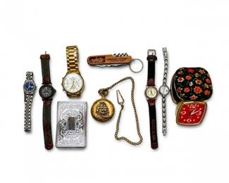19 VintageWatchTrinketLotPocketWatchClocksKnifeMix