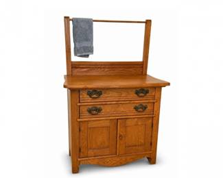 11 AntiqueOakWashstandwithTowelBarCabinetDraweronWheels