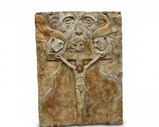 74 1988SignedReligiousReliefSculptureCrucifixLionWallPlaque