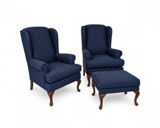 34 VintageWingbackChairsOttomanBlueBassettStyle