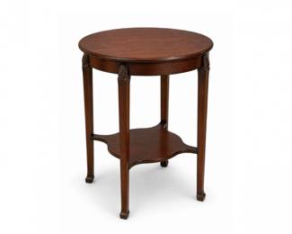 114 VintageRoundSideTableLowerShelfCherryWoodFinish