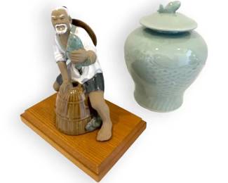 Vintage Chinese Shiwan Kidman Figure Holding Fish  Ginger Jar