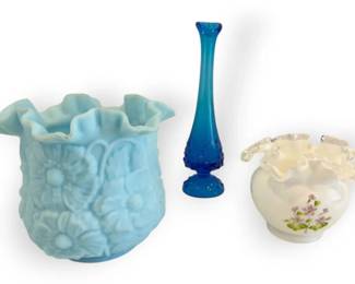 Fenton Blue Satin Poppy Vase, Hobnail Bud Vase,  Floral Milk Glass Rose Bowl