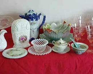 Nominate Salad Bowl Set, Pink Depression Wine Glasses, Hobnail, Milk Glass