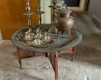 Moroccan Style Brass Top Table With Crystal Glasses  More
