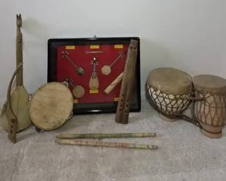 Vintage Primitive Clay Drum Set, Balkan Double Flute, Gusle