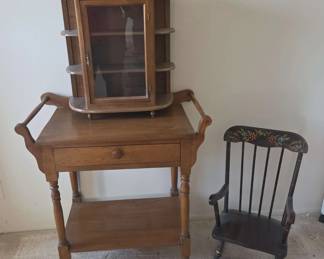 Dry Sink, Display Shelf, And Childs Rocking Chair