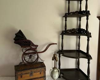 Wedgewood Lamp, Corner Shelf, Small Chest  Antique Stroller