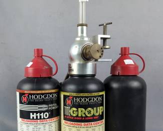Hodgdon Reloading Powder And Harrell's Precision Powder Measure Tool, Includes H110, Tite Group, And Unmarked 1lb Bottles 