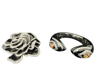 Enamel & faux diamond brooch, Cat eye bracelet