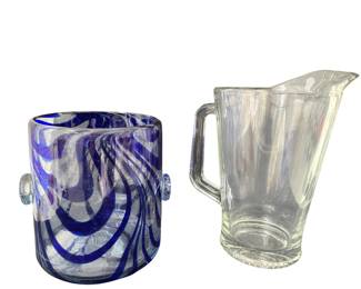 Hand blown ice bucket, glass pitcher