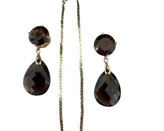 Smokey Topaz & 14K earrings, 14K chain