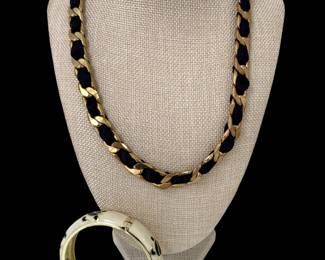 Enamel bangle, figaro gold tone necklace