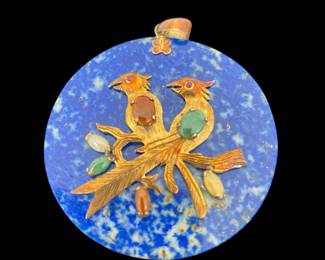 Lapis, jade & gold pendant