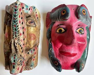 2 Mexican Folk Art Hand Carved Hand Painted Wood Masks Lot #: 73