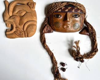 Mexican Hand Carved Wood Wall Sculpture & South American Ceramic Face Sculpture With Braids Lot #: 76