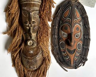 Papa New Guinea Hand Carved Wood Mask With Tags & African Hand Carved Wood Mask With Fiber Hair Lot #: 38