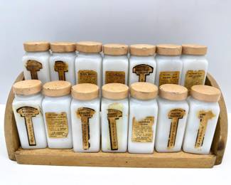 16 Griffith's Laboratories Milk Glass Spice Jars With Original Wooden Rack & Extra Tin Spice Rack Lot #: 63