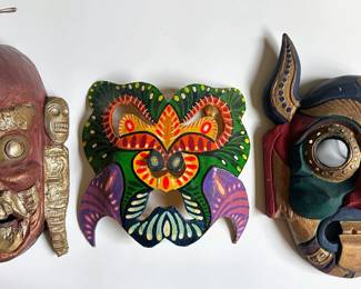 Tibetan Mahakala Hand Carved Wood Mask, Sri Lankan Paper Mache Mask & Thai Demon Mask With Mirrors Lot #: 74
