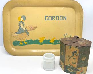Vintage West German Biscuit Tin, 1950s Hand Painted Tin Tray & Vintage Milk Glass Pond's Cold Cream Jar Lot #: 71