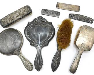 Antique Silver Plate Vanity Mirrors, Brushes & Combs (8 Pieces) Lot #: 69