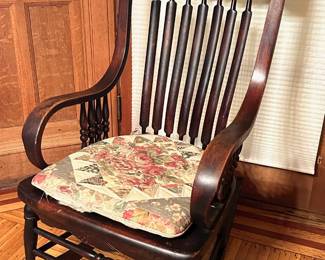Antique Victorian Solid Oak Press Back Rocking Chair With Brass Details & Quilted Cushion Lot #: 5