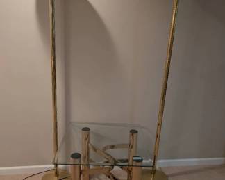 2 Brass Torchiere Lamps and Brass Glass Table