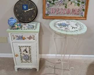 Tile Mosaic Collection Table and Cabinet, with Candles, Clock and Sign