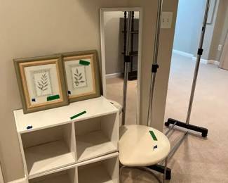 Closet Essentials Storage Containers, Stool, Rolling Wardrobe Hanger and Pictures