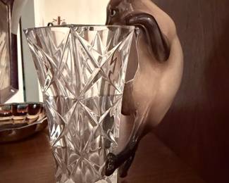 Cristal d'Arques Sully vase with vintage Josef Originals climbing Siamese cat, often referred to as a "rim hugger