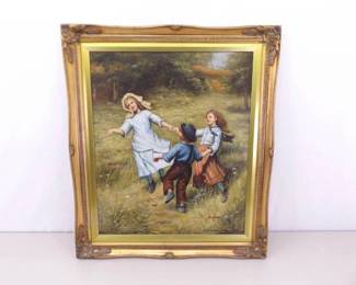 Signed Oil on Canvas of Children Dancing in a Real Wood Hand Carved Frame