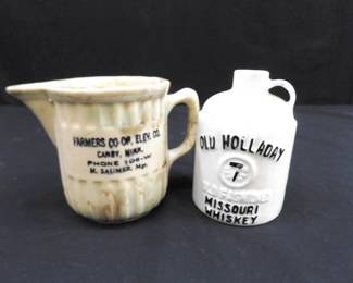 Antique Spongeware Advertising Pitcher and an Old Whiskey Jug