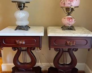 Marble Top End Tables with Hurricane Lamps  Vintage Pair Floral Glass