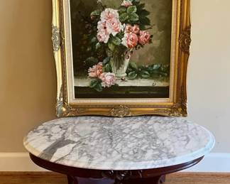 Marble Top Coffee Table Framed Floral Painting Vintage Decor Set