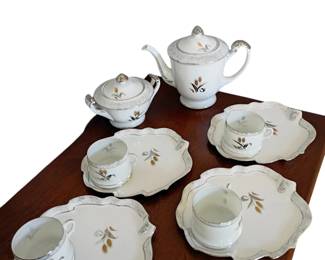 Vintage Porcelain Tea Set with Gold Wheat Motif