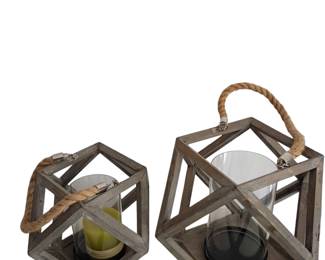 Geometric Wood & Glass Candle Lantern Set (2)