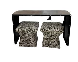 Industrial Console Table with Leopard Print Ottoman Set