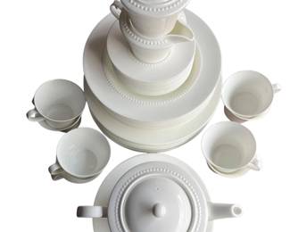 White Ceramic Beaded Edge Dinnerware Set with Teapot