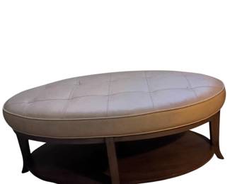 Oval Tufted Leather Ottoman with Wood Base & Shelf