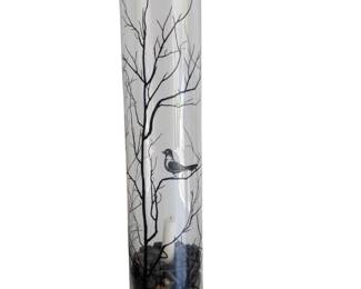 Tall Cylinder Glass Vase with Bird & Tree Decal, Candle & River Rock