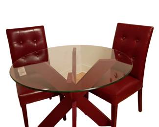 Modern Red Glass-Top Dining Set with 2 Tufted Leather Chairs