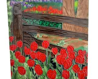 Ceramic Art Tile Red Tulips Fence Garden Scene