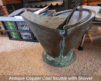 Antique Copper Coal Scuttle with Shovel