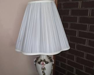 Vintage Ceramic Table Lamp with Floral Appliques and Pleated Shade