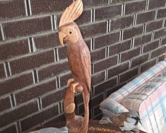 Vintage Mexican Persimmon Wood Sculpture Parrot Mother Baby