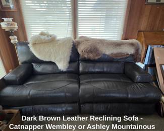 Dark Brown Leather Reclining Sofa  Catnapper Wembley or Ashley Mountainous Style