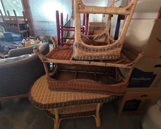 Vintage Wicker Armchair with Green and PinkishRed Accents